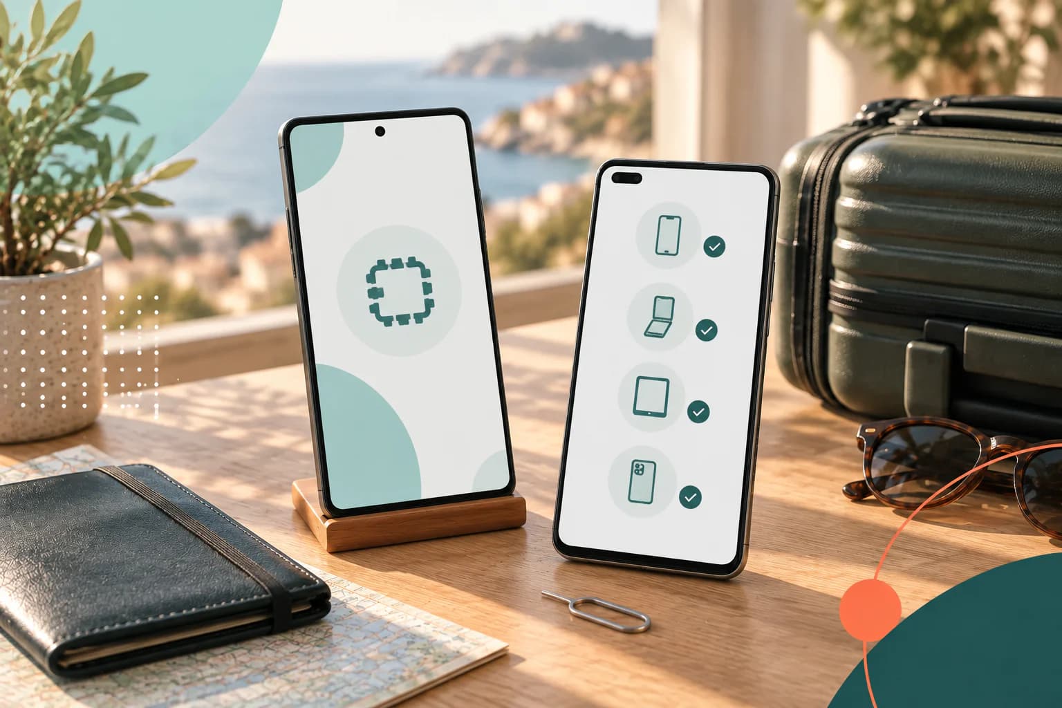 Смартфоны Huawei и Honor рядом с дорожными вещами