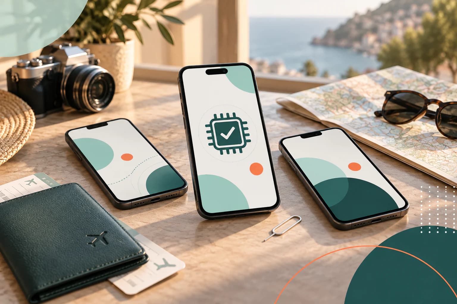 Смартфоны и встроенный чип eSIM на дорожном столе